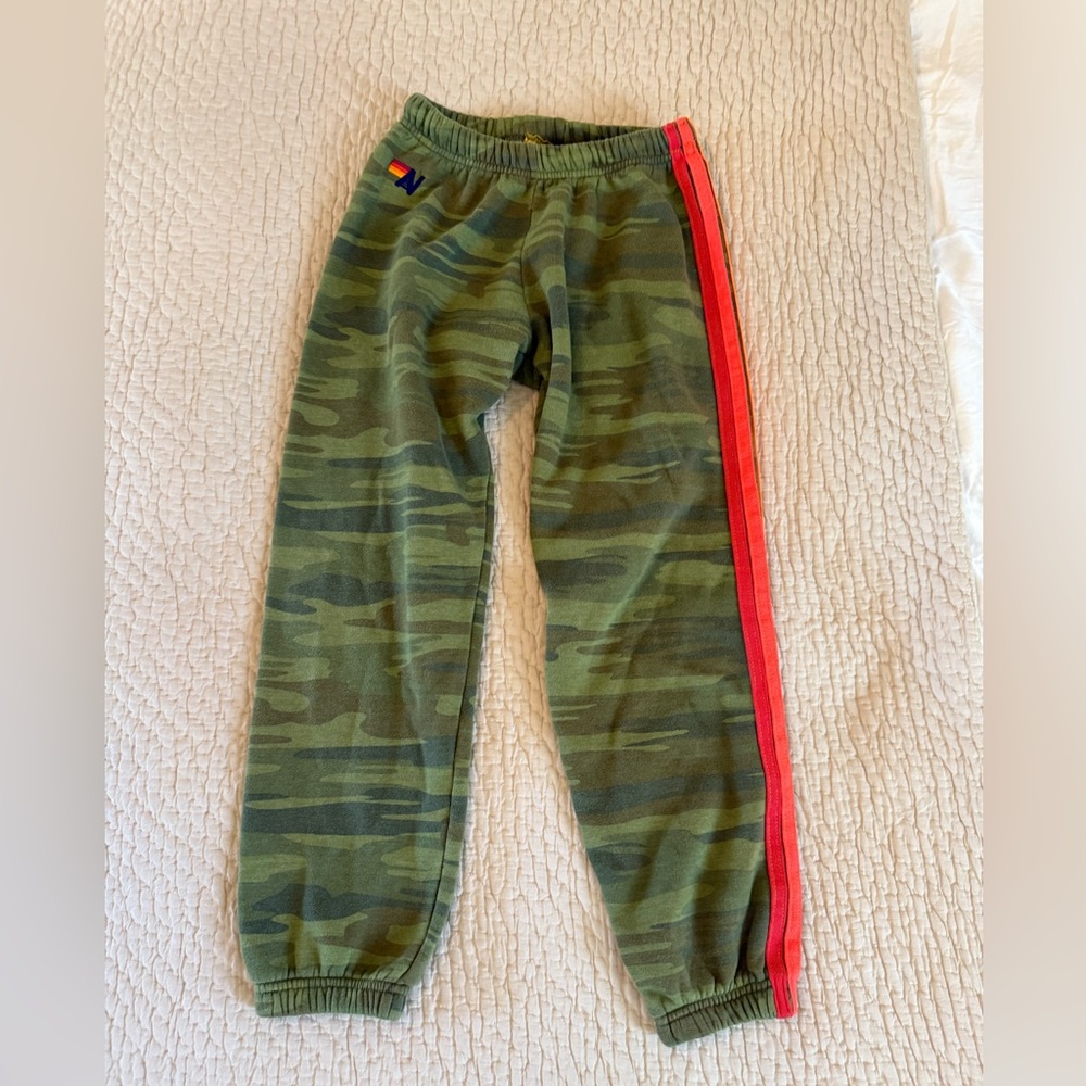 Aviator Nation Green Camo Joggers with neon stripes